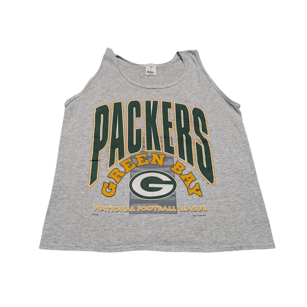 Artex Tank Top Mens Medium Gray Green Bay Packers 1992 Vintage NFL Graphic Retro